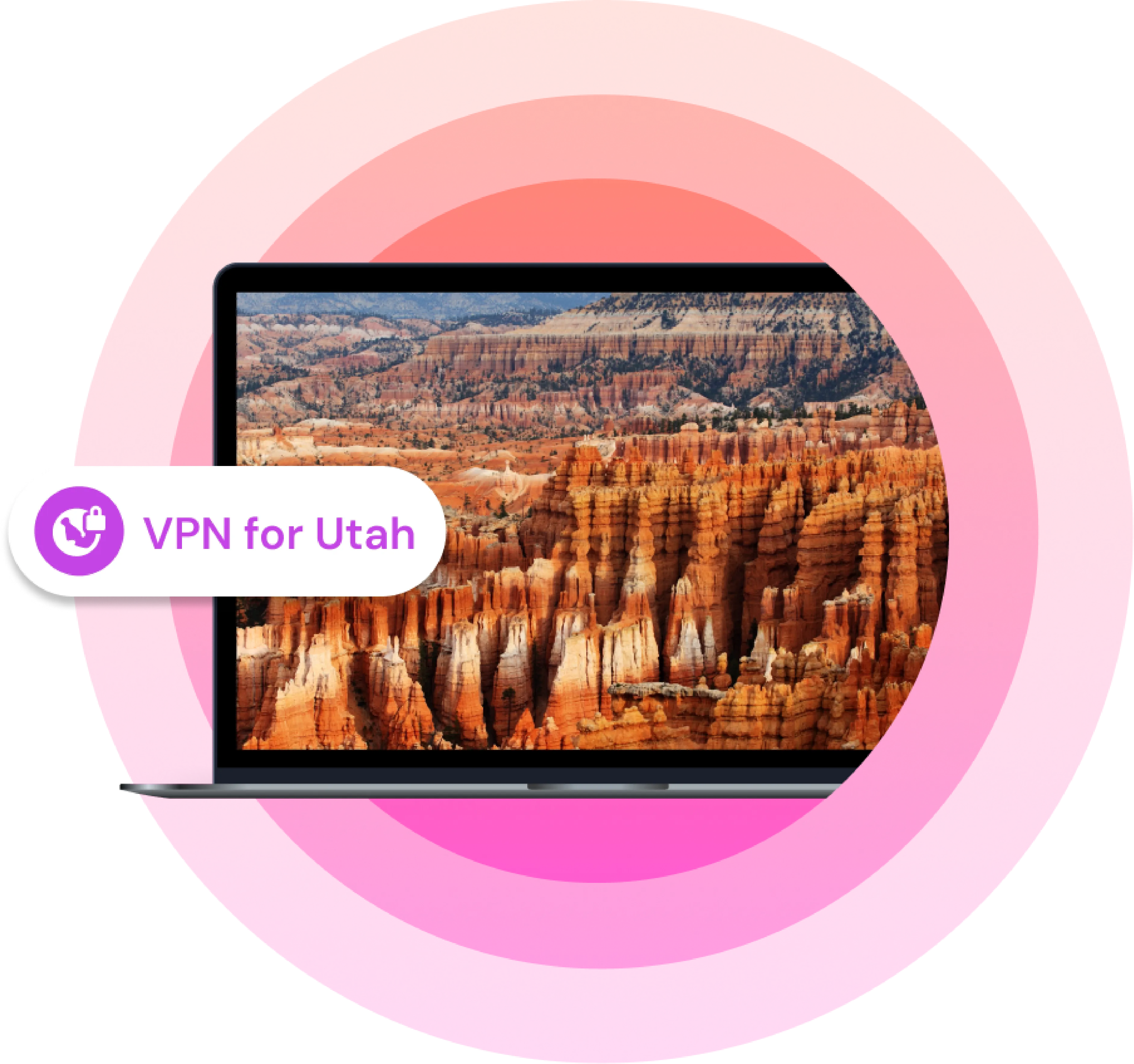 Illustration showing a laptop with a picture of a Utah city on it with the text "VPN for Utah" next to it